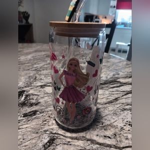 New Barbie 16 oz Libby glass with straw.